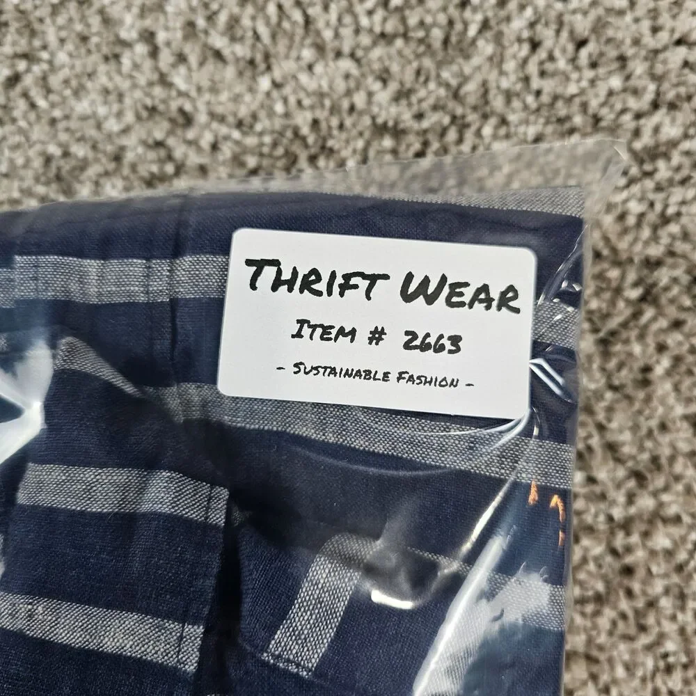 J Crew Shirt Mens Medium Blue Gray Striped Linen Button Pocket Casual Beach